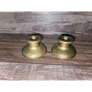 Antique Brass Pair Of Asain Hand Engraved Candlestick Holders